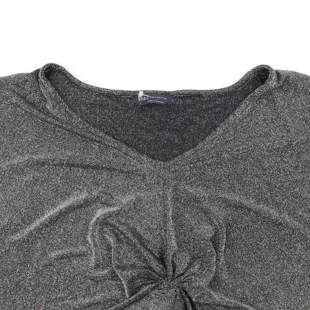 Marks and Spencer Womens Silver Polyamide Basic T-Shirt Size L V-Neck - Twist Detail