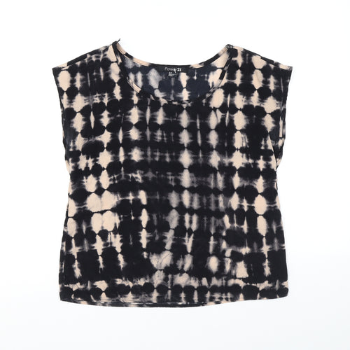 FOREVER 21 Womens Black Geometric Polyester Basic T-Shirt Size S Boat Neck