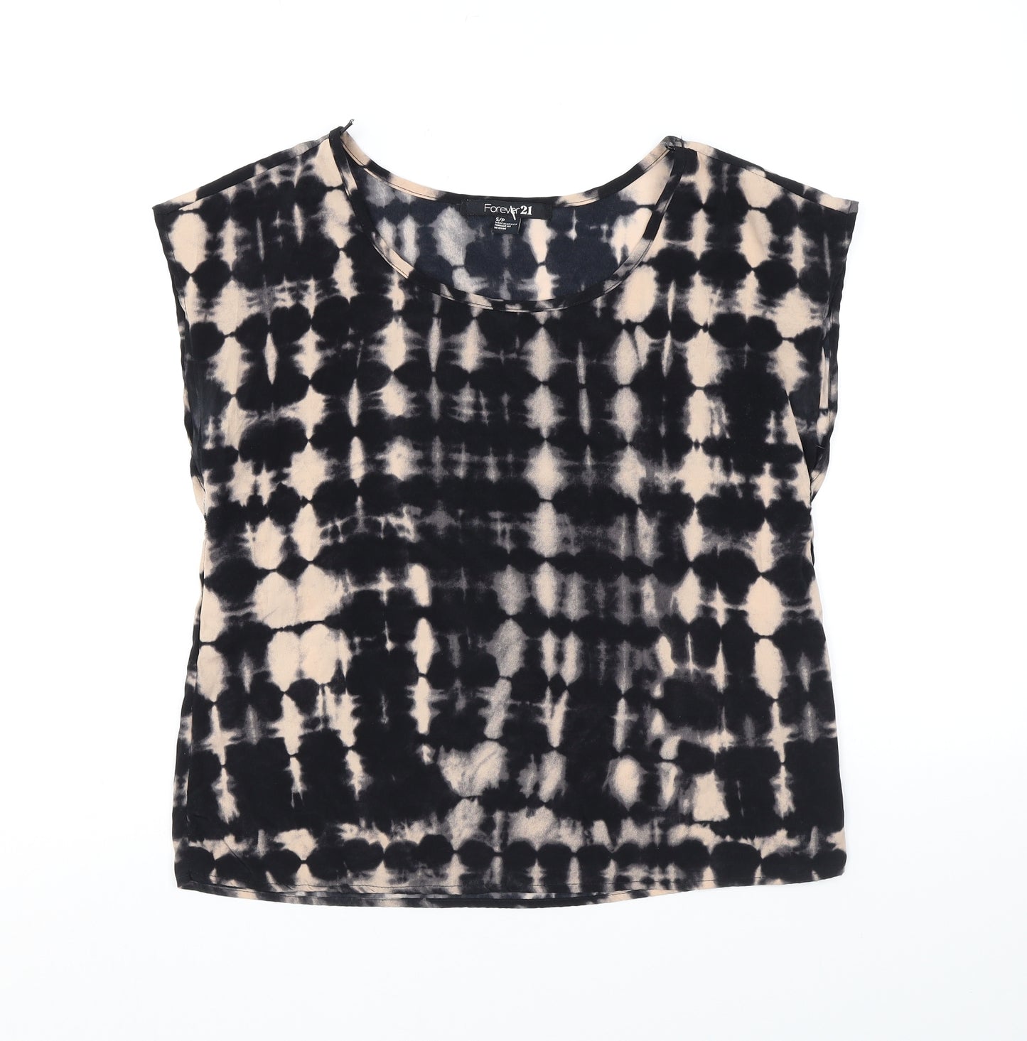 FOREVER 21 Womens Black Geometric Polyester Basic T-Shirt Size S Boat Neck