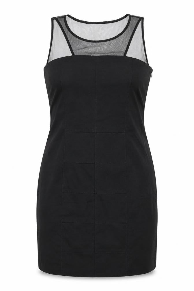 Front view of H&M women’s black polyester pencil dress, size UK 14, scoop neck zip