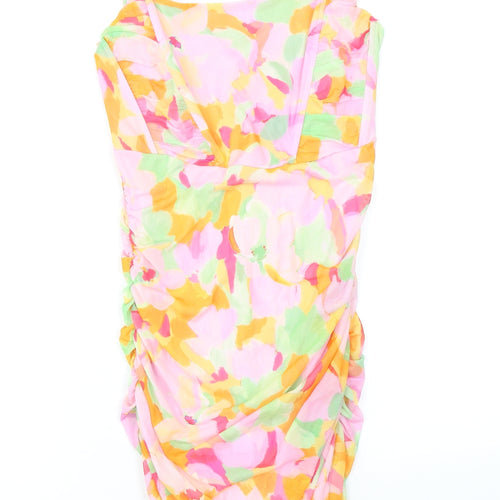 Stradivarius Womens Multicoloured Geometric Polyester Bodycon Size L Square Neck - Ruching, Boning