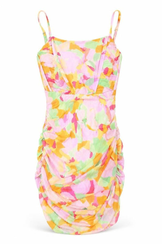 Front view of Stradivarius women’s multicoloured geometric polyester bodycon, size L, square neck - ruching, boning