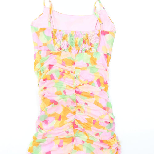 Stradivarius Womens Multicoloured Geometric Polyester Bodycon Size L Square Neck - Ruching, Boning