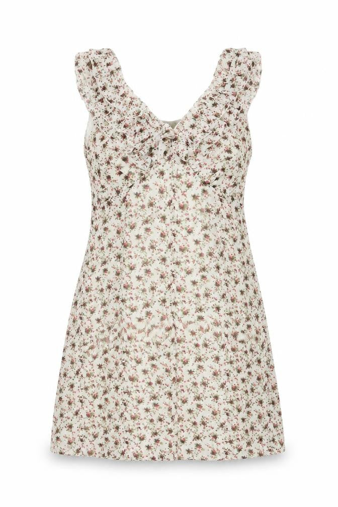 Front view of Madam Rage women’s beige floral polyester mini, size UK 12, v-neck zip
