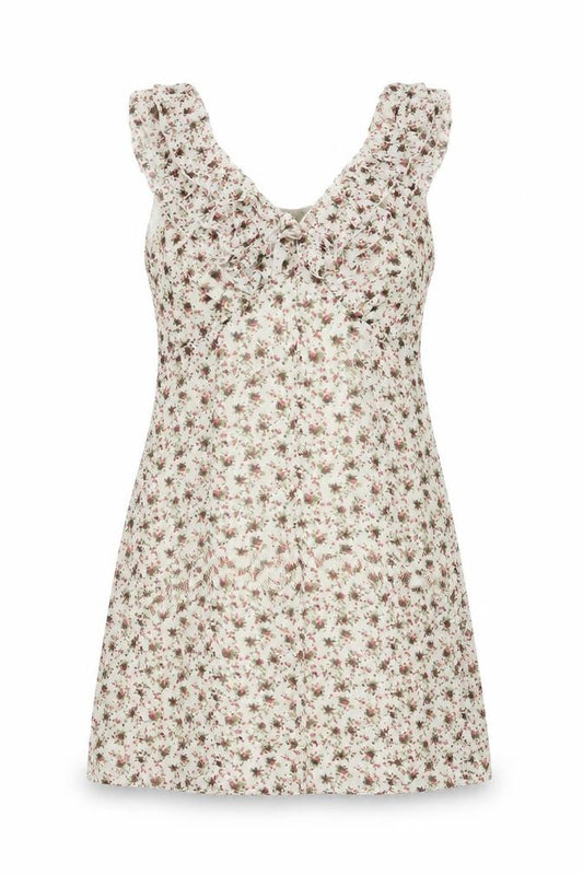 Front view of Madam Rage women’s beige floral polyester mini, size UK 12, v-neck zip
