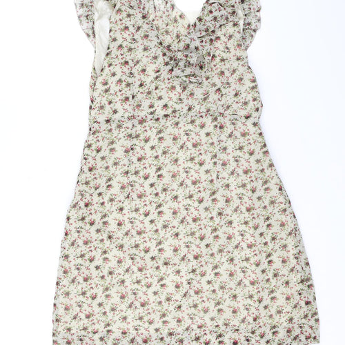 Madam Rage Womens Beige Floral Polyester Mini Size 12 V-Neck Zip