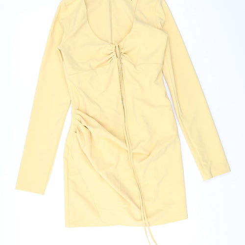 Zara Womens Yellow Polyester Mini Size S V-Neck Zip - Keyhole Neck