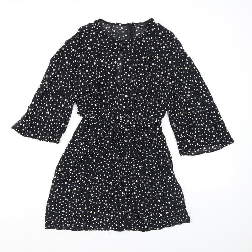 Topshop Womens Black Polka Dot Viscose A-Line Size 6 Round Neck Zip - Cutout