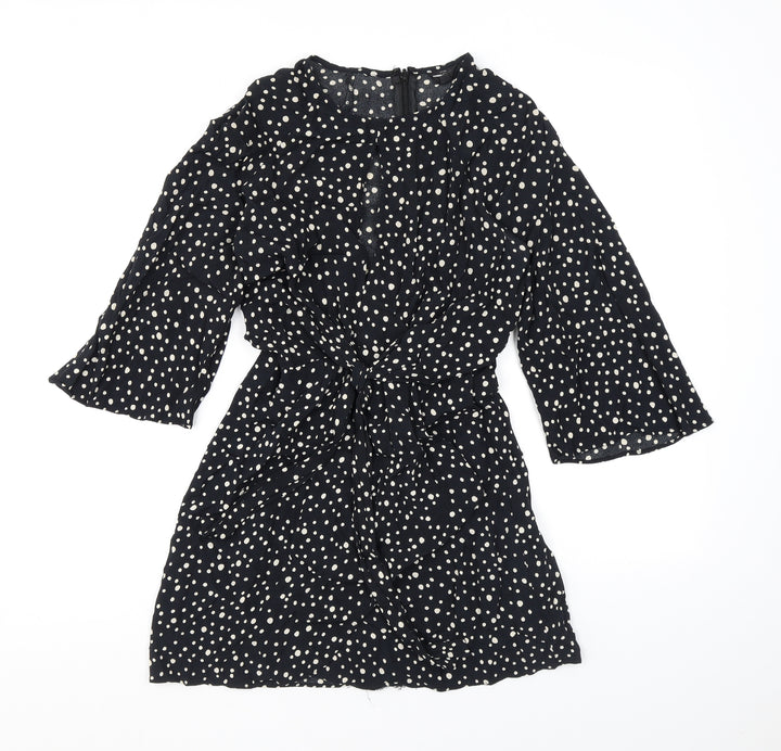 Topshop Womens Black Polka Dot Viscose A-Line Size 6 Round Neck Zip - Cutout