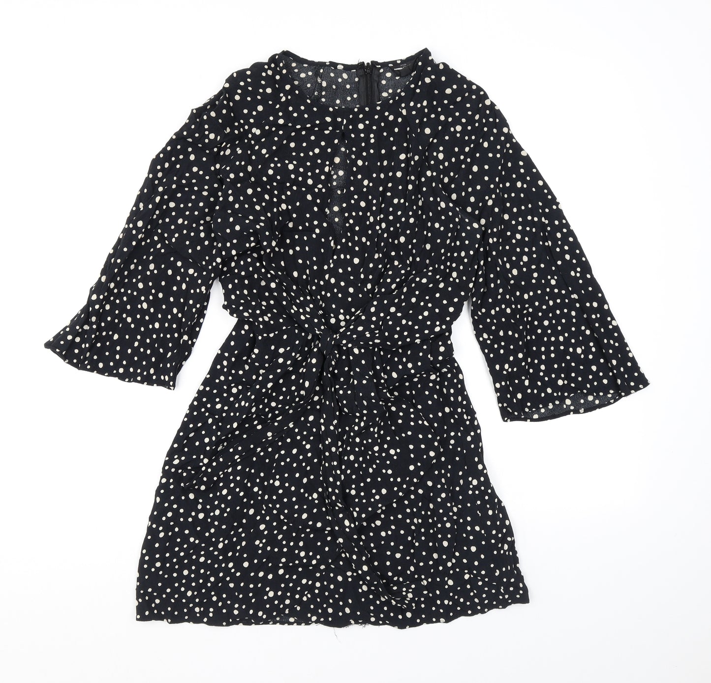 Topshop Womens Black Polka Dot Viscose A-Line Size 6 Round Neck Zip - Cutout