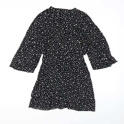 Topshop Womens Black Polka Dot Viscose A-Line Size 6 Round Neck Zip - Cutout