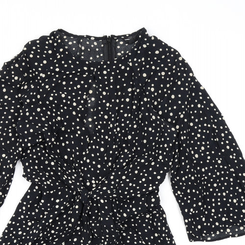 Topshop Womens Black Polka Dot Viscose A-Line Size 6 Round Neck Zip - Cutout