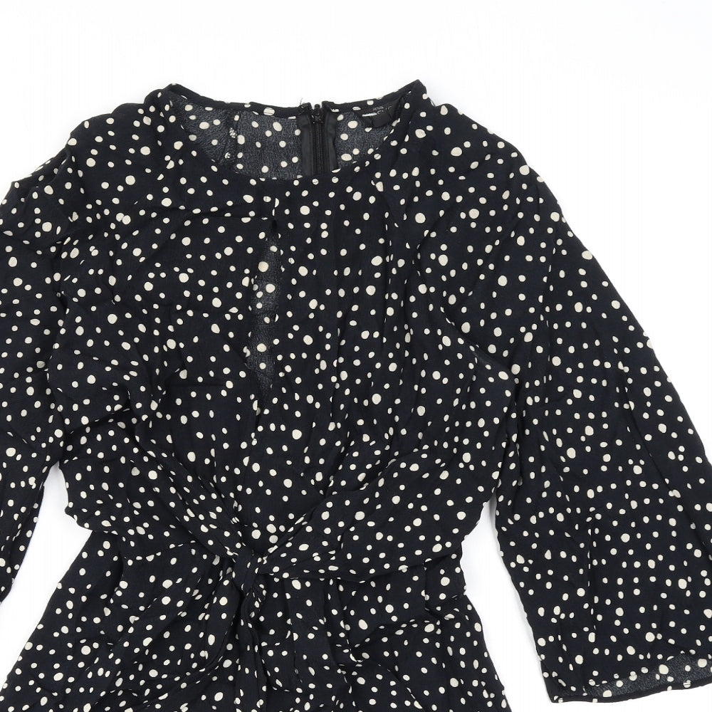 Topshop Womens Black Polka Dot Viscose A-Line Size 6 Round Neck Zip - Cutout