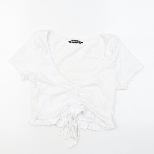 Dunnes Stores Womens White Cotton Cropped T-Shirt Size M V-Neck - Ruched