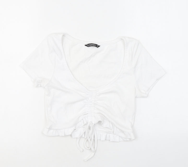 Dunnes Stores Womens White Cotton Cropped T-Shirt Size M V-Neck - Ruched