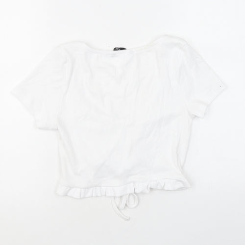 Dunnes Stores Womens White Cotton Cropped T-Shirt Size M V-Neck - Ruched