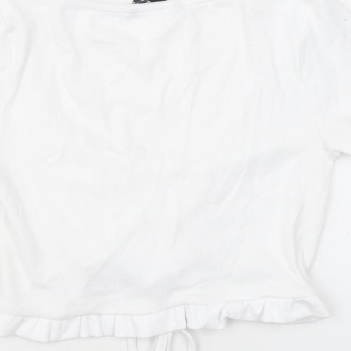 Dunnes Stores Womens White Cotton Cropped T-Shirt Size M V-Neck - Ruched