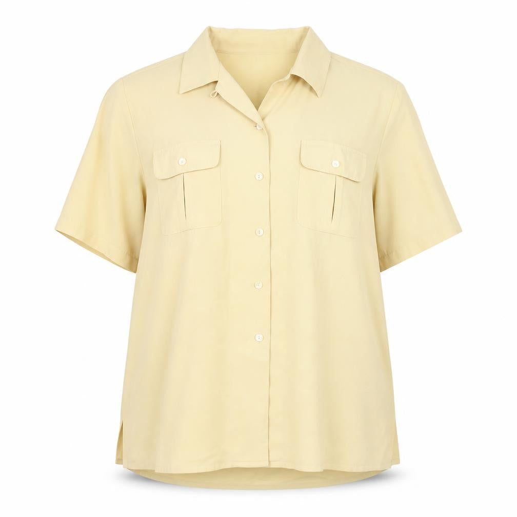 Front view of Berkertex women’s yellow polyester basic button-up, size UK 16, collared - pockets