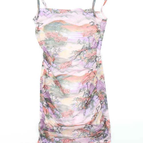 PRETTYLITTLETHING Womens Purple Geometric Polyester Bodycon Size 6 Square Neck Pullover - Rushed Detail, Sunset Print