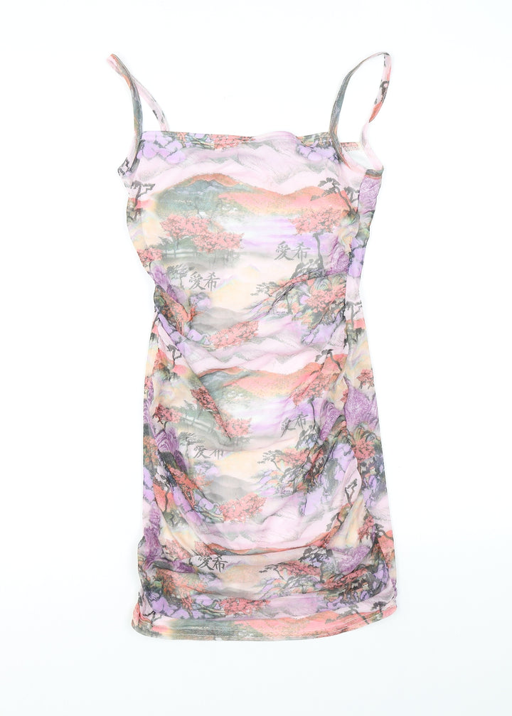 PRETTYLITTLETHING Womens Purple Geometric Polyester Bodycon Size 6 Square Neck Pullover - Rushed Detail, Sunset Print