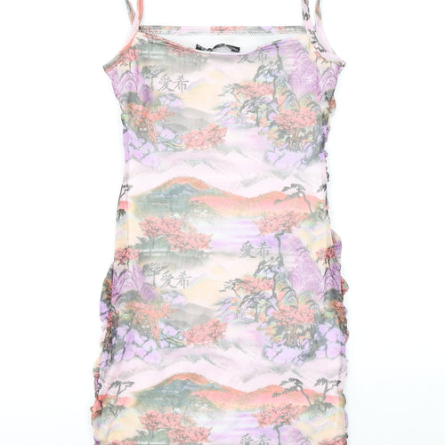 PRETTYLITTLETHING Womens Purple Geometric Polyester Bodycon Size 6 Square Neck Pullover - Rushed Detail, Sunset Print