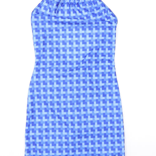 Pink Vanilla Womens Blue Geometric Polyester Mini Size 8 Halter Tie - Open Back