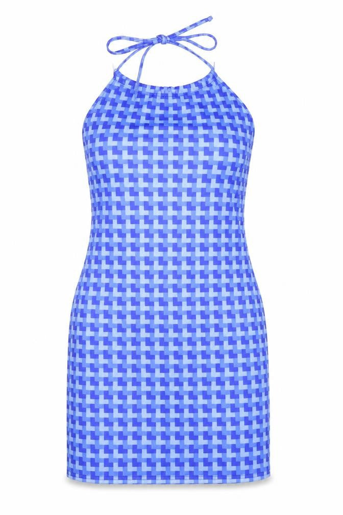 Front view of Pink Vanilla women’s blue geometric polyester mini, size UK 8, halter tie - open back