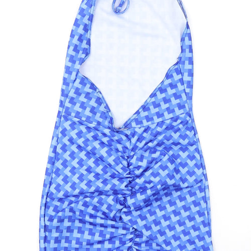 Pink Vanilla Womens Blue Geometric Polyester Mini Size 8 Halter Tie - Open Back
