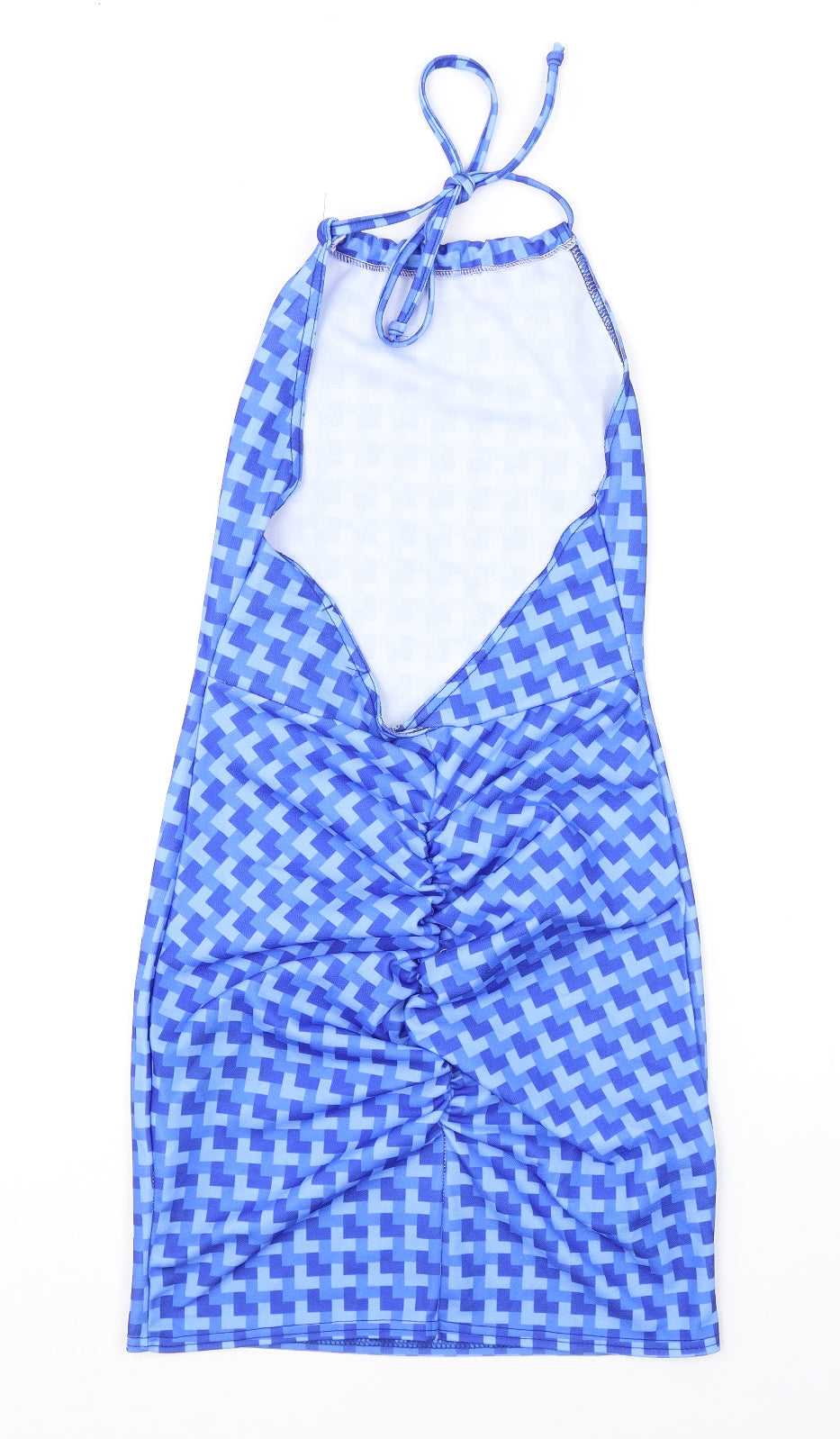 Pink Vanilla Womens Blue Geometric Polyester Mini Size 8 Halter Tie - Open Back