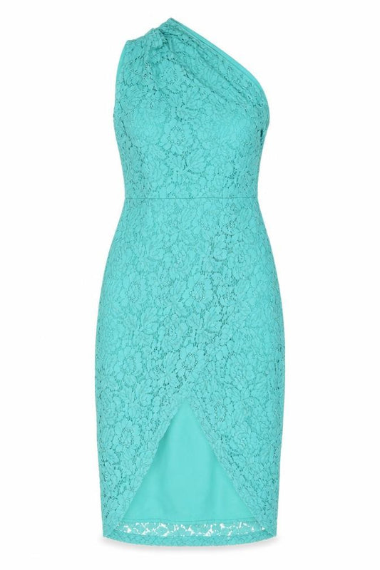 Front view of ASOS women’s green floral polyester pencil dress, size UK 10, one shoulder zip