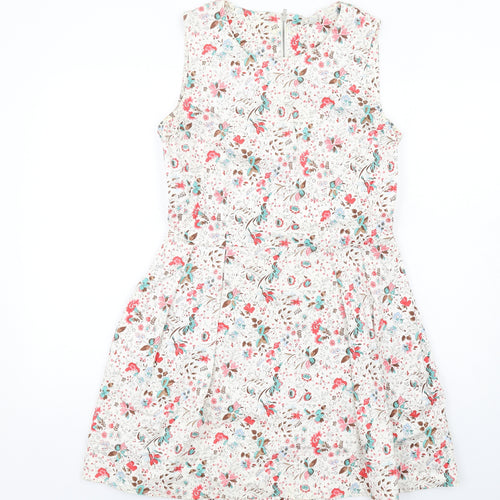 Gap Womens Ivory Floral Cotton Fit & Flare Size 10 Round Neck Zip