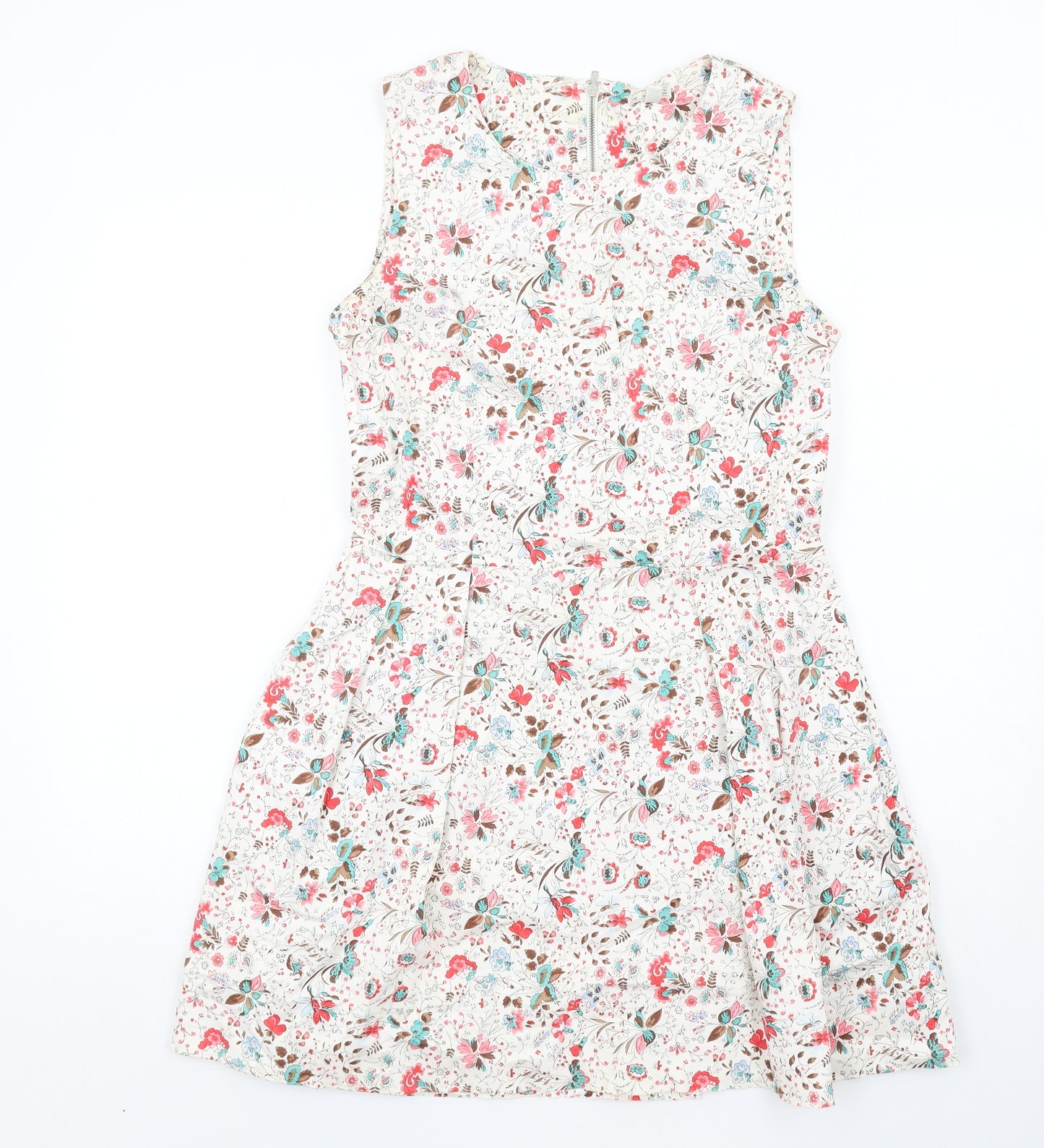 Gap Womens Ivory Floral Cotton Fit & Flare Size 10 Round Neck Zip