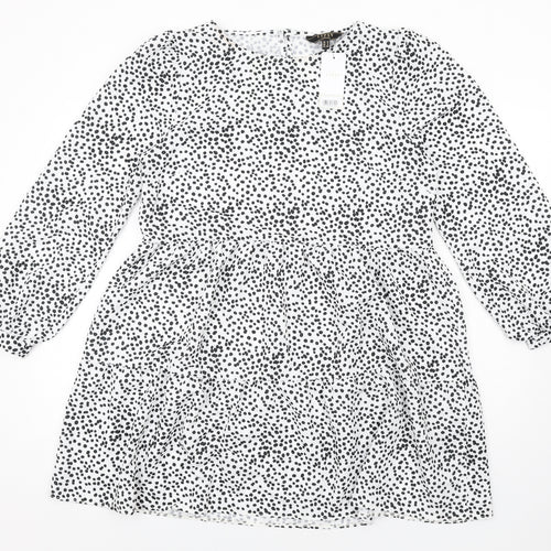 Lipsy Womens White Polka Dot Polyester A-Line Size 12 Round Neck Button