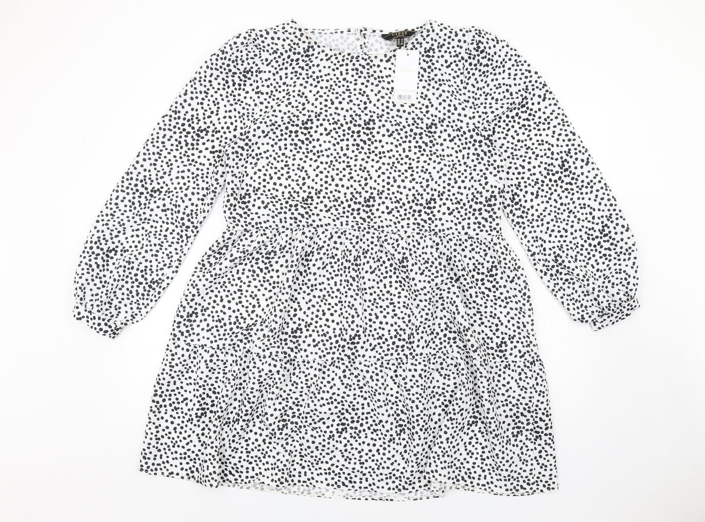 Lipsy Womens White Polka Dot Polyester A-Line Size 12 Round Neck Button