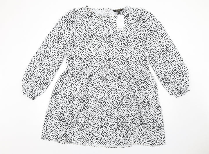 Lipsy Womens White Polka Dot Polyester A-Line Size 12 Round Neck Button