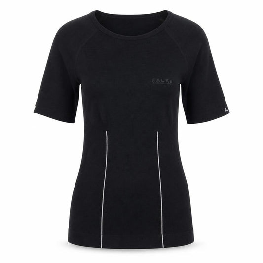 Front view of Flake women’s black polyamide basic t-shirt, size UK 12, round neck pullover