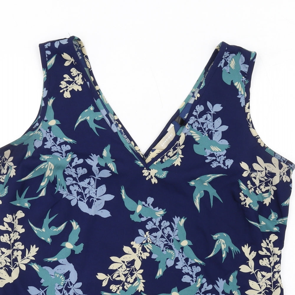 Anthology Womens Blue Floral Polyester Basic Tank Size 16 V-Neck