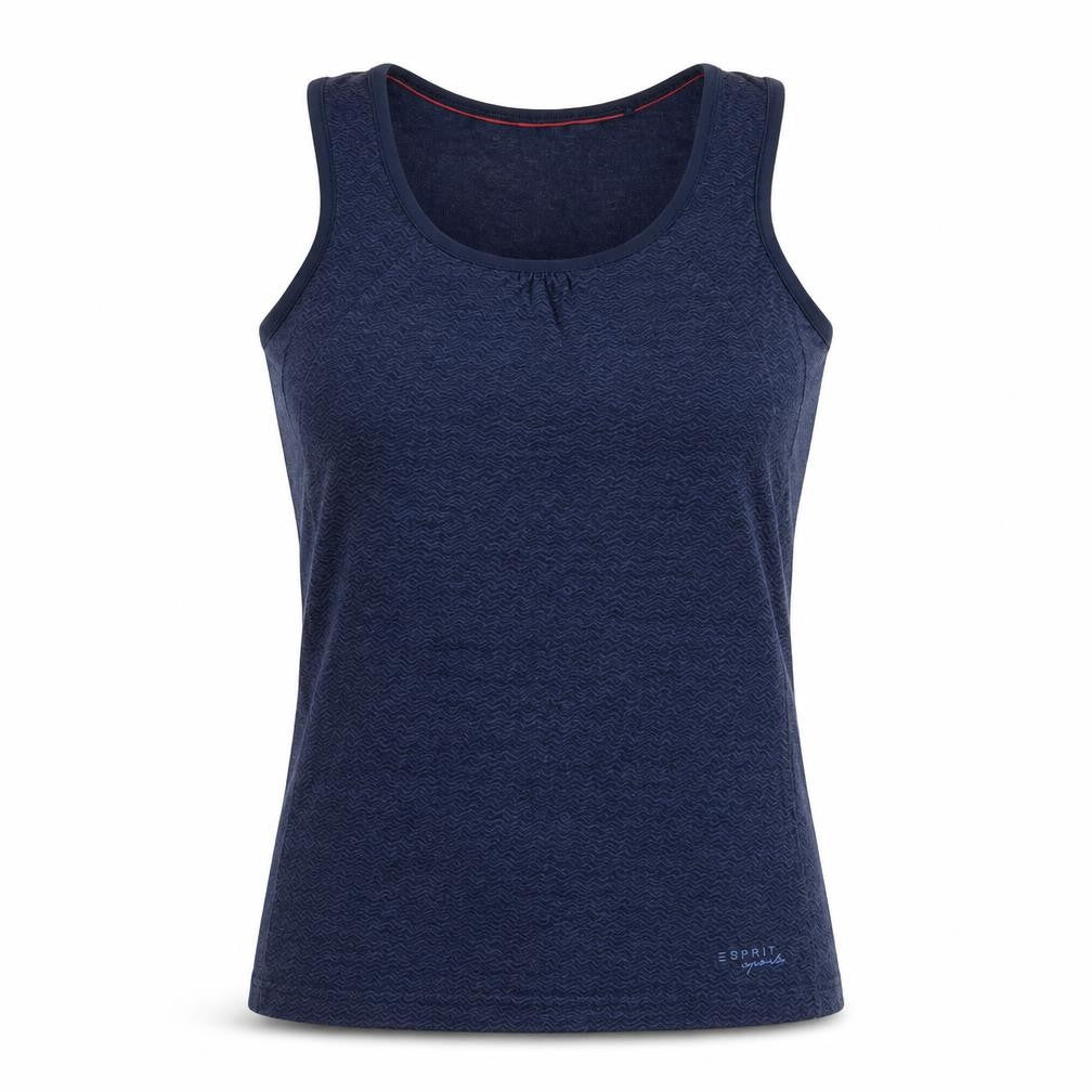 Front view of ESPRIT women’s blue cotton basic tank, size XS, round neck