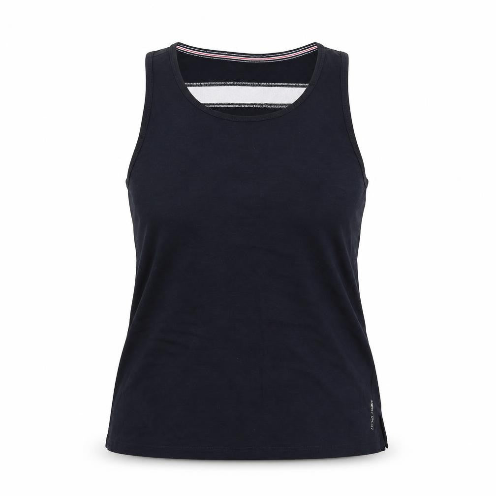 Front view of ESPRIT women’s black cotton basic tank, size S, round neck