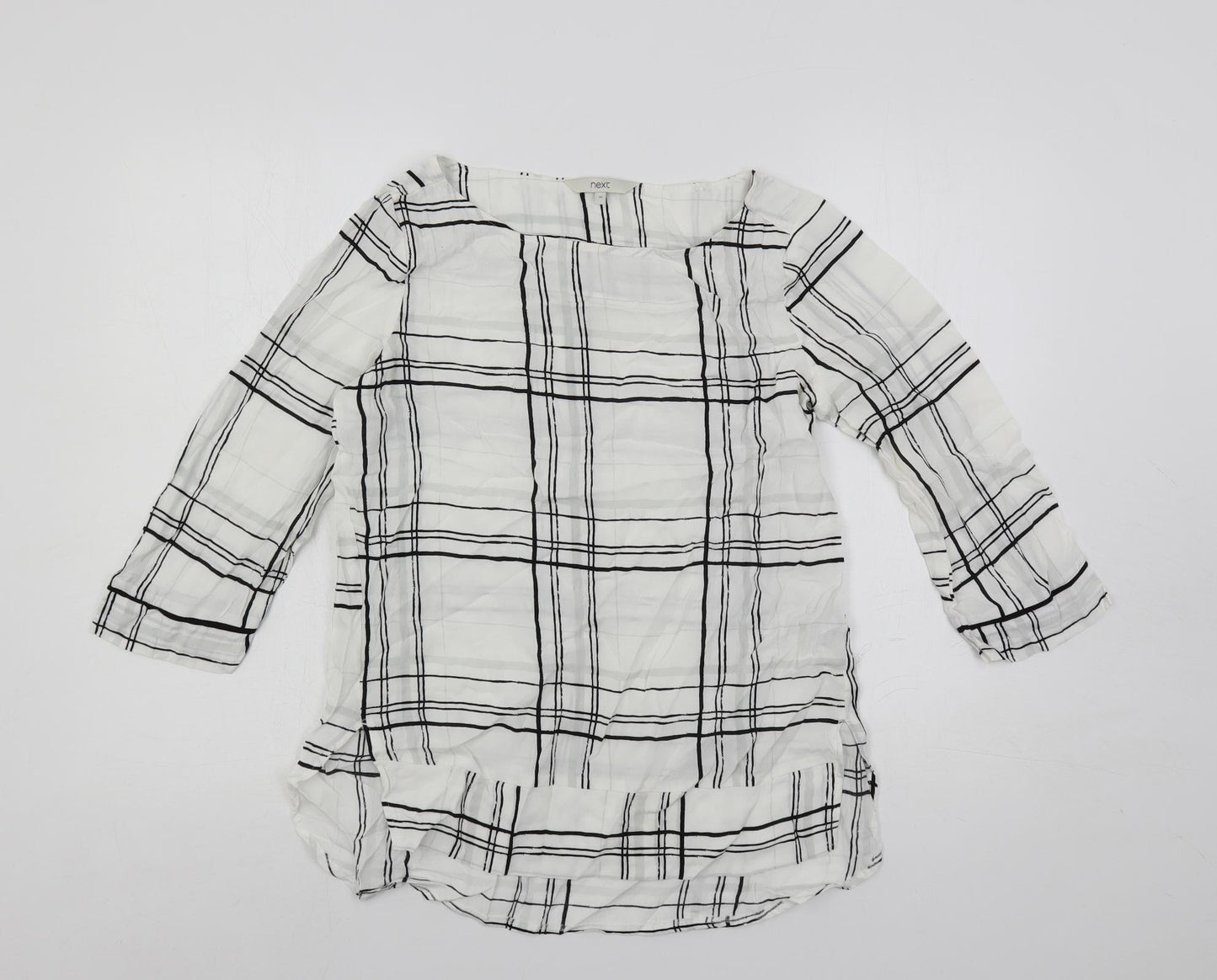 NEXT Womens White Plaid Viscose Basic Blouse Size 10 Boat Neck