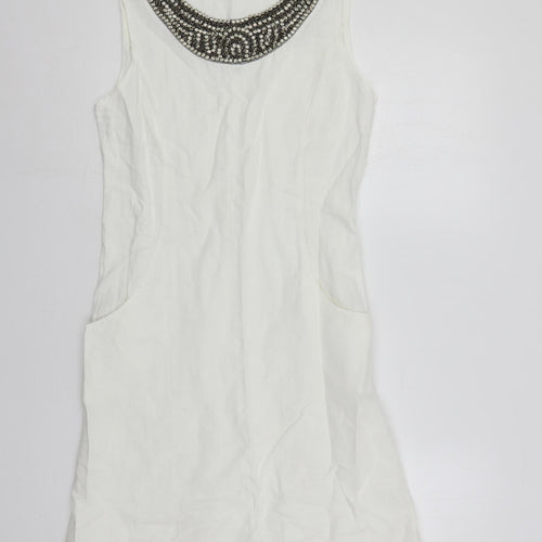 d.e.c.k. By Decollage Womens White Linen Shift Size 10 Boat Neck Pullover - Embellished Neckline