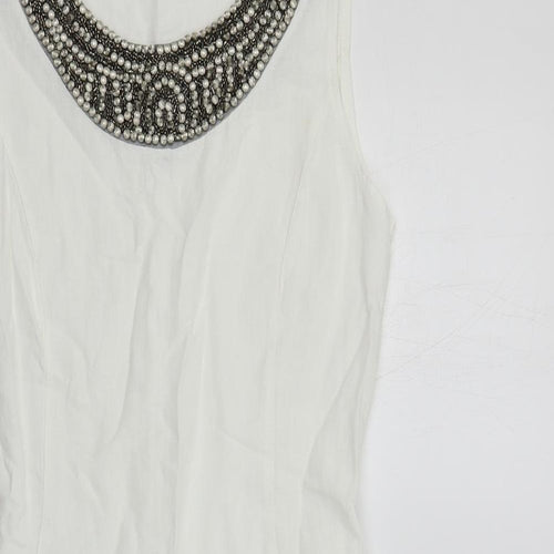 d.e.c.k. By Decollage Womens White Linen Shift Size 10 Boat Neck Pullover - Embellished Neckline