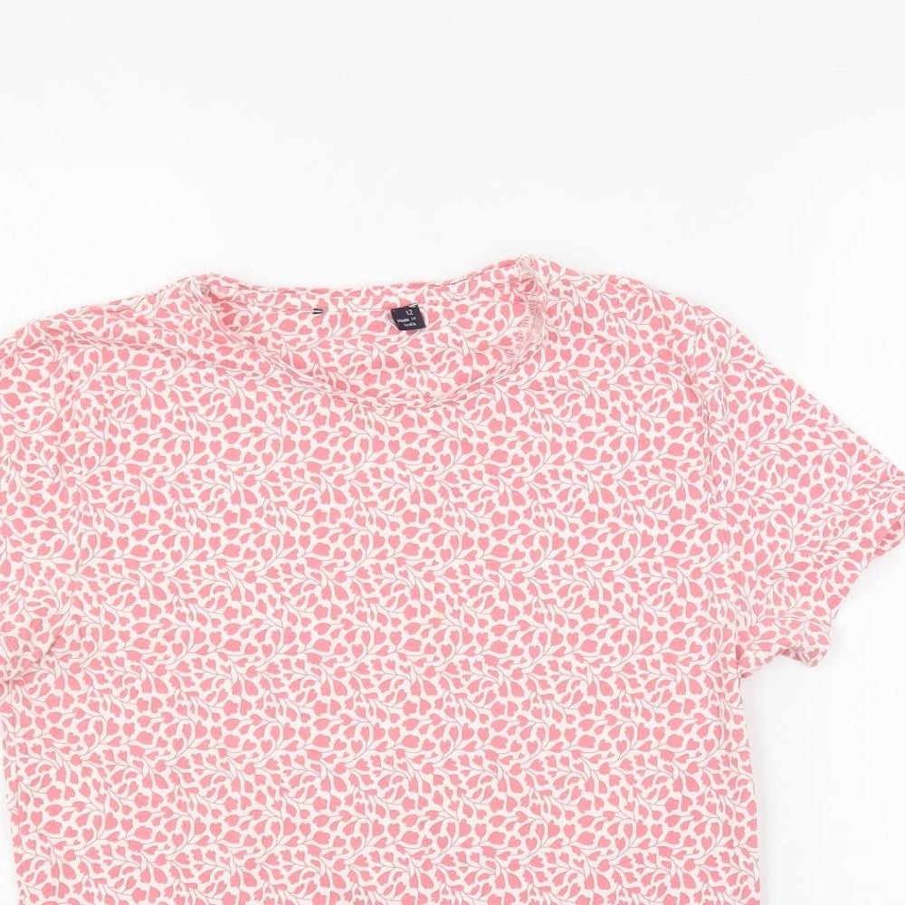 Marks and Spencer Womens Pink Floral Cotton Basic T-Shirt Size 12 Crew Neck