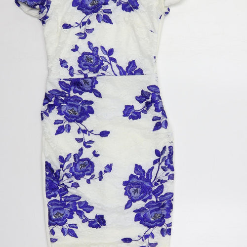 Lipsy Womens White Floral Nylon Pencil Dress Size 8 Off the Shoulder Zip - Lace Detail