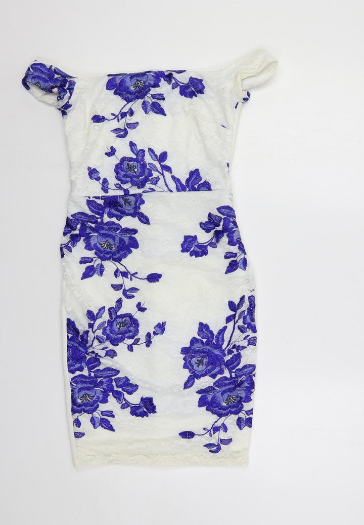Lipsy Womens White Floral Nylon Pencil Dress Size 8 Off the Shoulder Zip - Lace Detail