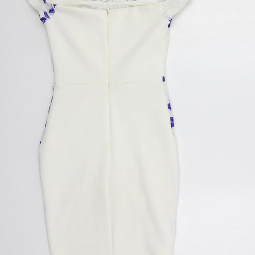 Lipsy Womens White Floral Nylon Pencil Dress Size 8 Off the Shoulder Zip - Lace Detail