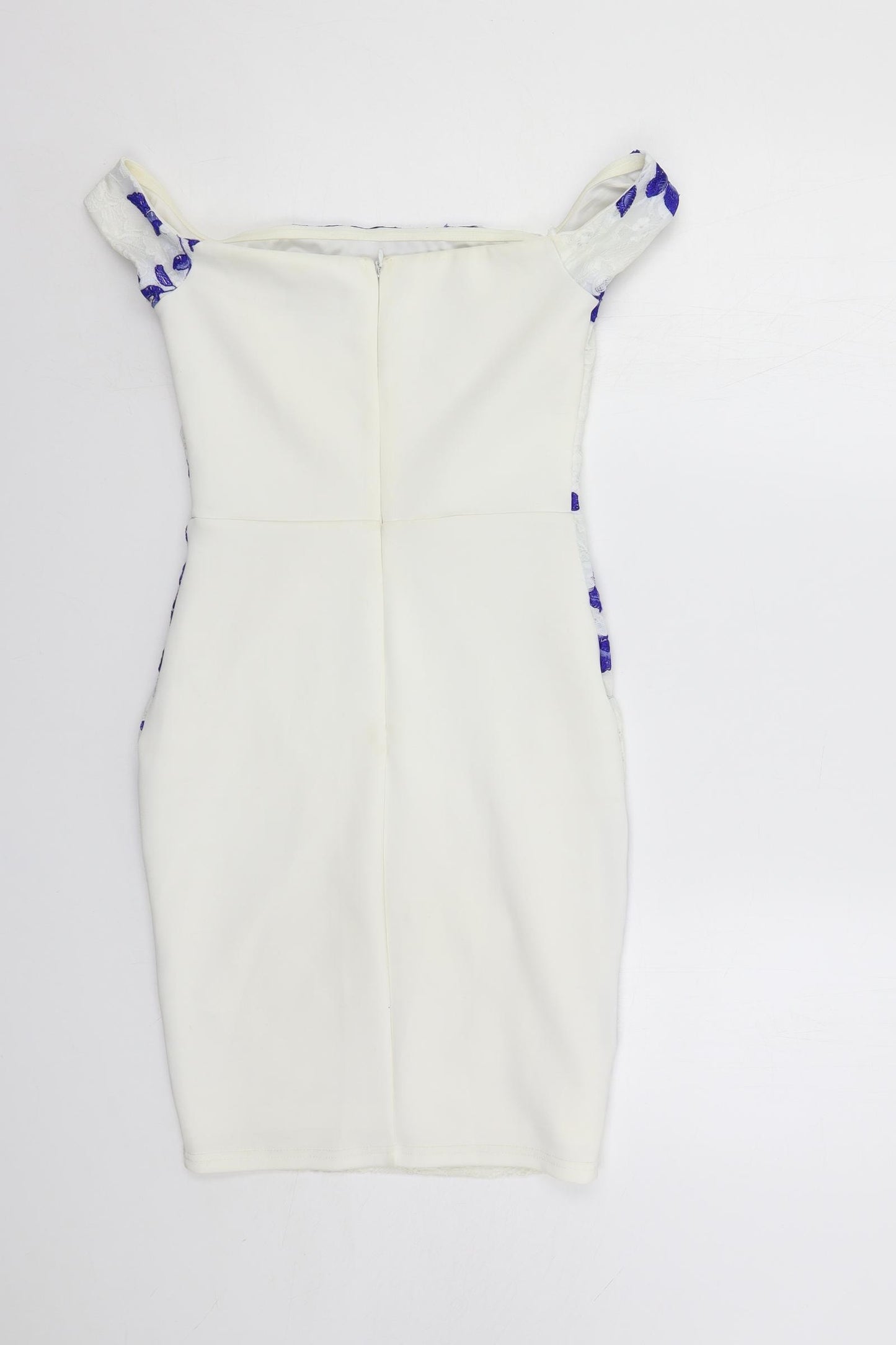 Lipsy Womens White Floral Nylon Pencil Dress Size 8 Off the Shoulder Zip - Lace Detail