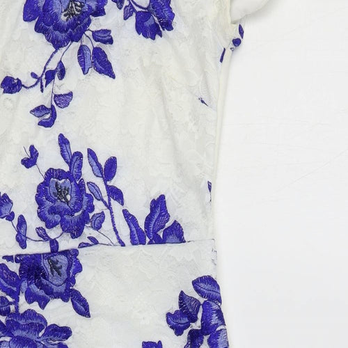 Lipsy Womens White Floral Nylon Pencil Dress Size 8 Off the Shoulder Zip - Lace Detail