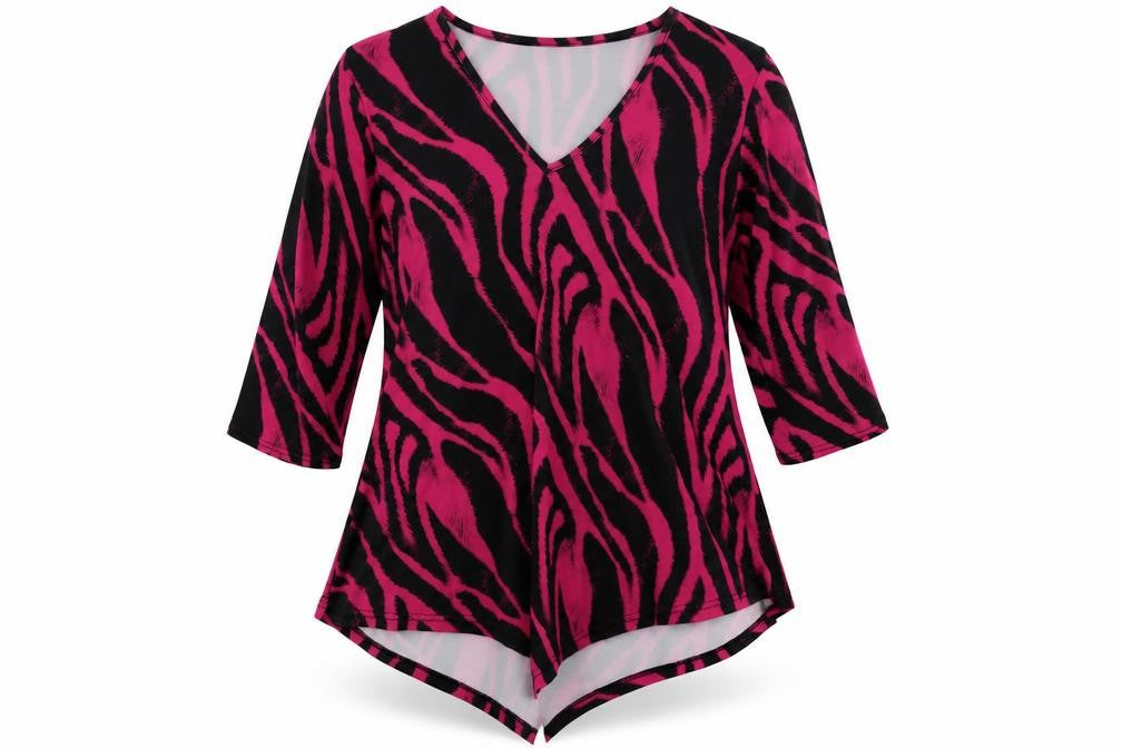 Front view of Bassini women’s pink animal print polyester basic blouse, size UK 20, v-neck