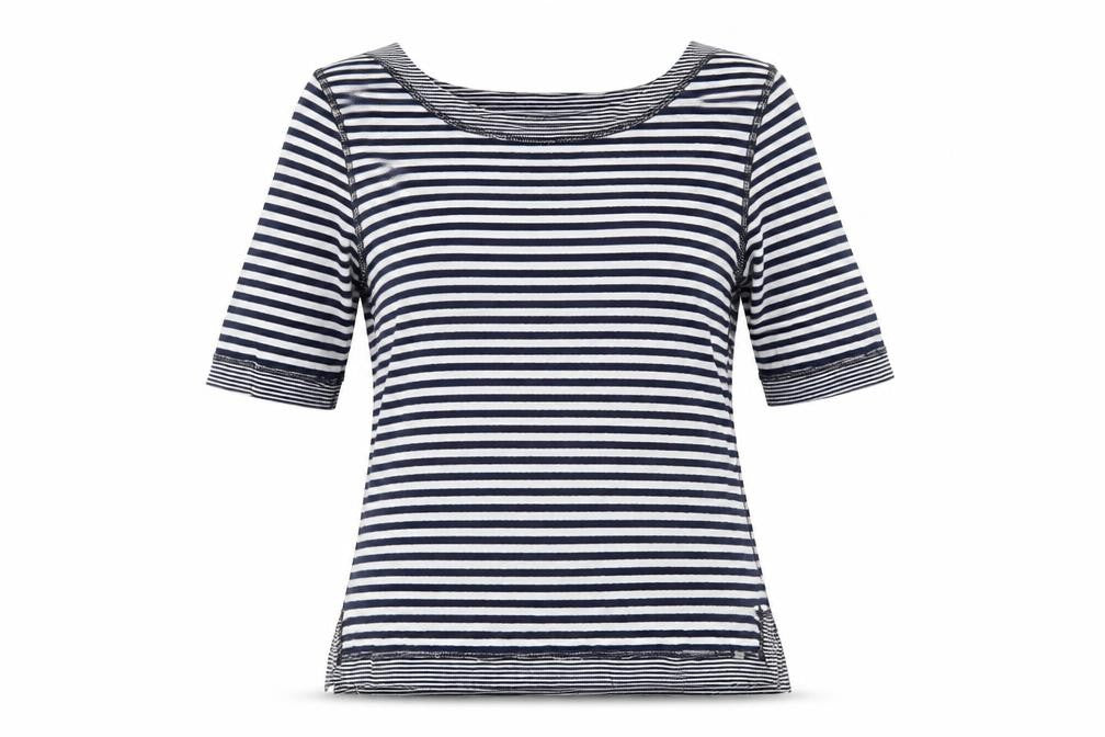 Front view of FDJ women’s blue striped cotton basic t-shirt, size S, boat neck